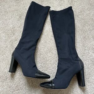 Donald J. Pliner Benne Black Stretch Fabric Pointed Toe Knee High Boots